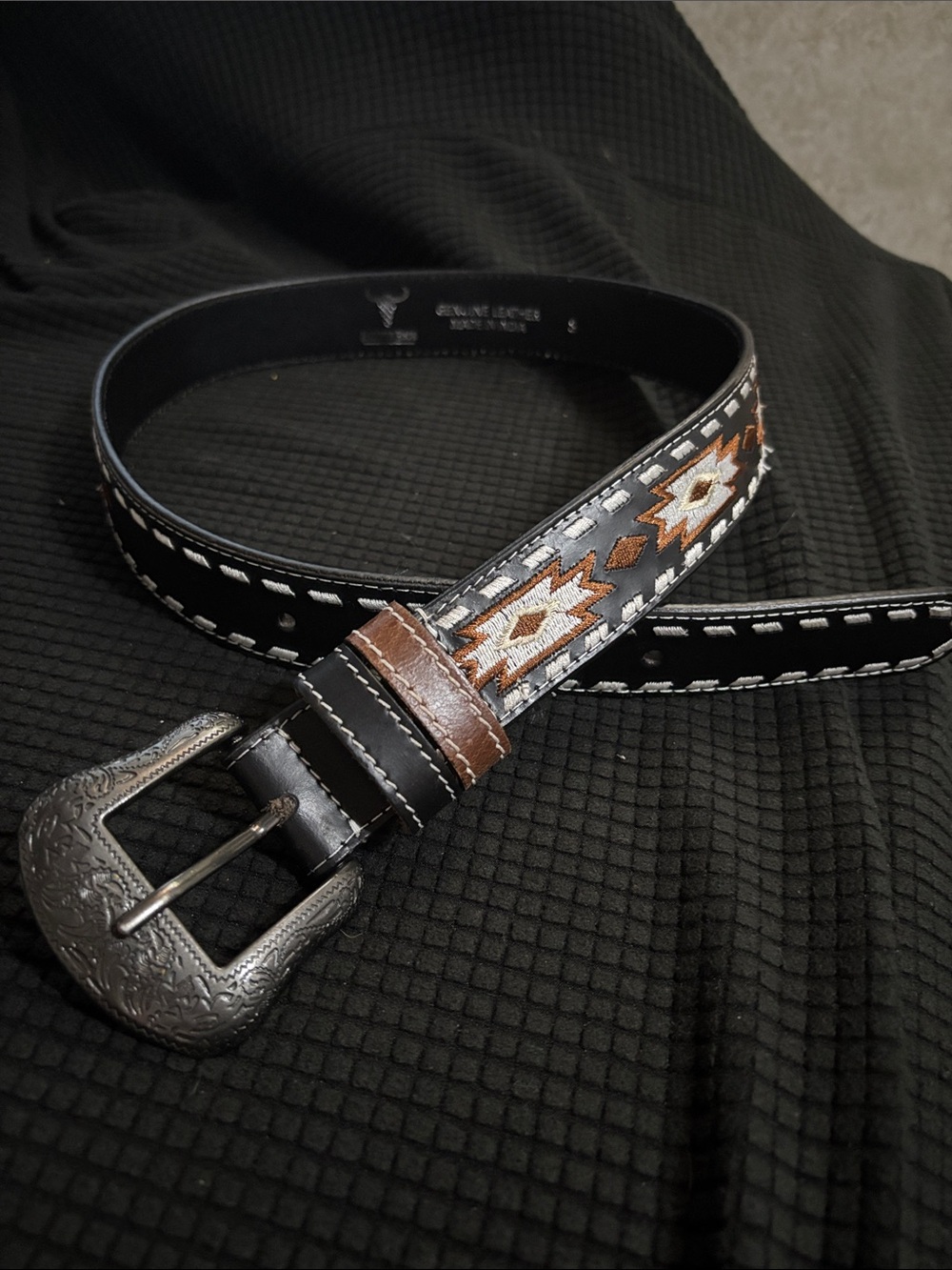 Hand-Tooled Black Leather Western Belt with Brown & Cream Embroidery